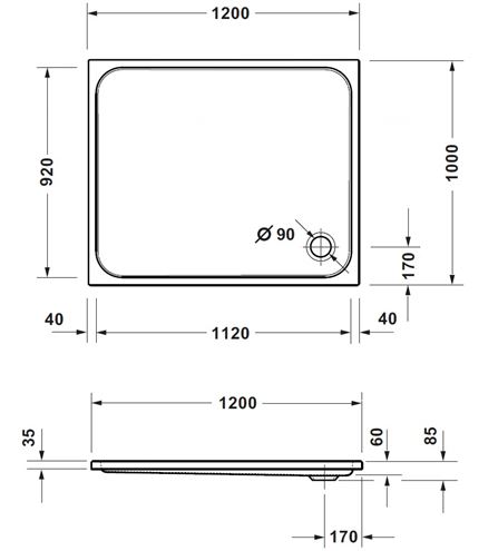 CONCEPT 200 NEW sprchová vanička 120x100 cm, akrylát, bez nožičiek 720399000000000 Technický nákres