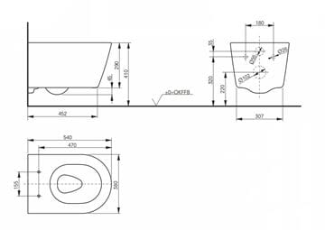 TOTO RP závesné WC, Rimless splachovanie, matná biela CW552RY#MW Technický nákres