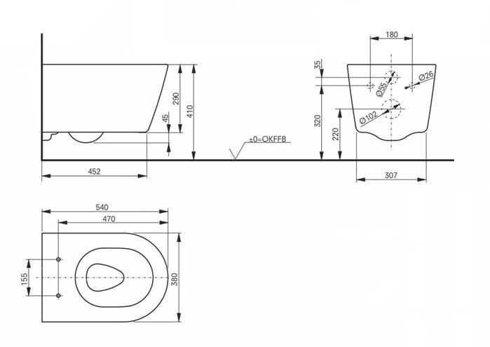 TOTO RP závesné WC, Rimless splachovanie, matná biela CW552RY#MW Technický nákres
