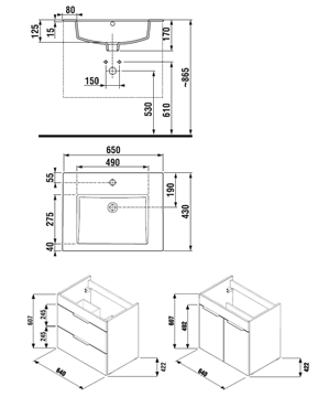 JIKA CUBE skrinka s umývadlom 65x43x62,2 cm, 2 dvierka, biela H4536011763001 Technický nákres