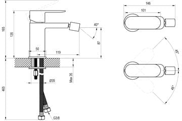 RAVAK CHROME CR II 056.00CR bidetová stojanková batéria, lesklý chróm X070453 Technický nákres