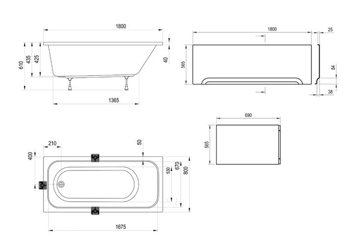 RAVAK CHROME vaňa 180x80 cm, bez nožičiek, akrylát CE21000000 Technický nákres