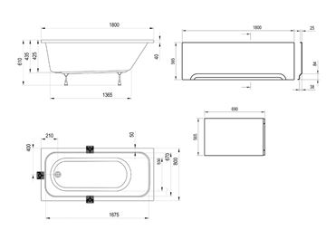 RAVAK CHROME vaňa 180x80 cm, bez nožičiek, akrylát CE21000000 Technický nákres