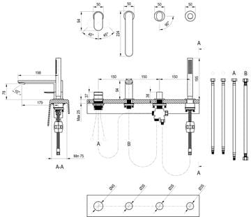 RAVAK CHROME II CR II 026.20BL batéria na okraj vane, 4-otvorová, s prepínačom, so sprchovou súpravou, brúsený grafit X070672 Technický nákres