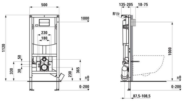 LAUFEN INEO montážny prvok INEOLINK pre WC 112 cm, so splachovacou nádržkou H9201150000001 Technický nákres