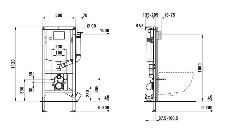 LAUFEN INEO montážny prvok INEOLINK pre WC 112 cm, so splachovacou nádržkou H9201180000001 Technický nákres