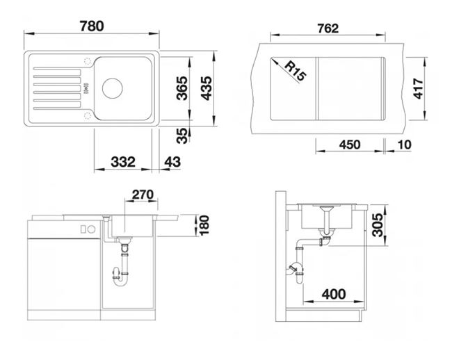 BLANCO FAVOS MINI granitový drez 780x435 mm, otočný, odkvapkávač, antracit 518186 Technický nákres