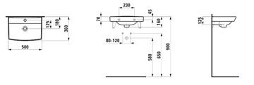 LAUFEN PRE N umývadlo 50 cm, s otvorom pre batériu a prepadom H8109540001041 Technický nákres