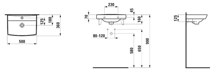 LAUFEN PRE N umývadlo 50 cm, s otvorom pre batériu a prepadom H8109540001041 Technický nákres