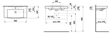 LAUFEN PRE N umývadlo 80 cm, s otvorom pre batériu a prepadom H8109570001041 Technický nákres