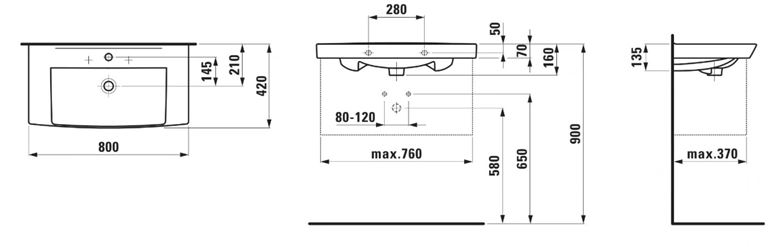 LAUFEN PRE N umývadlo 80 cm, s otvorom pre batériu a prepadom H8109570001041 Technický nákres