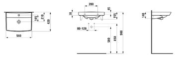 LAUFEN PRE N umývadlo 56 cm, s otvorom pre batériu a prepadom H8109550001041 Technický nákres