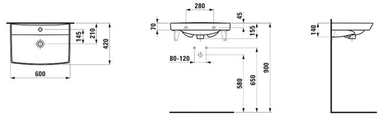 LAUFEN PRE N umývadlo 60 cm, s otvorom pre batériu a prepadom H8109560001041 Technický nákres
