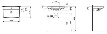 LAUFEN PRE N umývadlo 60 cm, s otvorom pre batériu a prepadom H8109560001041 Technický nákres