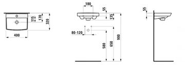 LAUFEN PRE N umývadlo 40 cm, s otvorom pre batériu a prepadom H8109500001041 Technický nákres