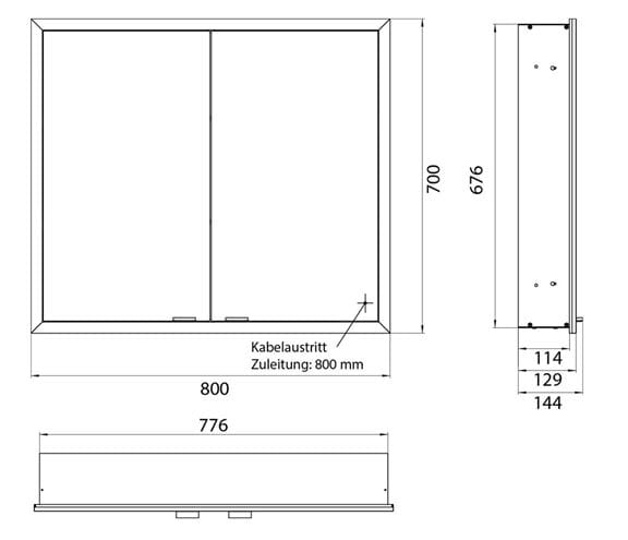 EMCO PRIME SLIM zrkadlová skrinka vstavaná 80x70x14, 4 cm, osvetlenie s reguláciou stmievania a teploty svetla, s vypínačom a el. zásuvkou, hliník, zadná stena biele sklo  949708304 Technický nákres