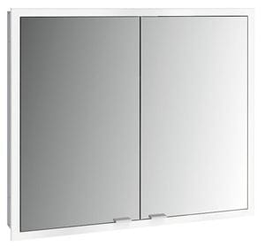 EMCO PRIME SLIM zrkadlová skrinka vstavaná 80x70x14, 4 cm, osvetlenie s reguláciou stmievania a teploty svetla, s vypínačom a el. zásuvkou, hliník, zadná stena biele sklo 