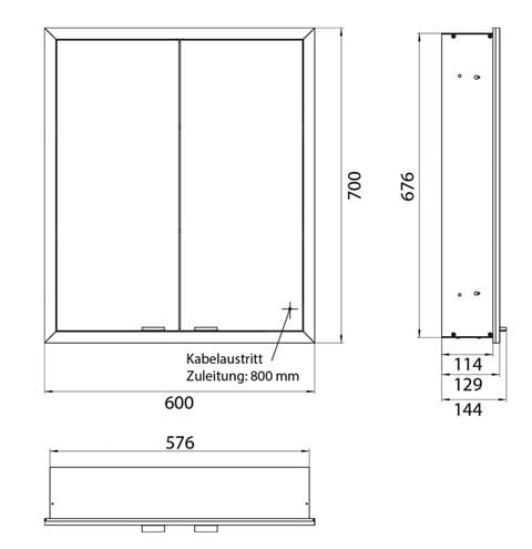 EMCO PRIME SLIM zrkadlová skrinka vstavaná 60x70x14, 4 cm, osvetlenie s reguláciou stmievania a teploty svetla, s vypínačom a el. zásuvkou, čierna, zadná stena zrkadlo 949713503 Technický nákres
