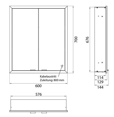 EMCO PRIME SLIM zrkadlová skrinka vstavaná 60x70x14, 4 cm, osvetlenie s reguláciou stmievania a teploty svetla, s vypínačom a el. zásuvkou, čierna, zadná stena biele sklo 949713603 Technický nákres