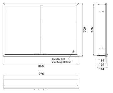 EMCO PRIME SLIM zrkadlová skrinka vstavaná 100x70x14, 4 cm, osvetlenie s reguláciou stmievania a teploty svetla, s vypínačom a el. zásuvkou, hliník, zadná stena zrkadlo 949708205 Technický nákres
