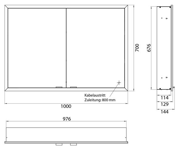 EMCO PRIME SLIM zrkadlová skrinka vstavaná 100x70x14, 4 cm, osvetlenie s reguláciou stmievania a teploty svetla, s vypínačom a el. zásuvkou, hliník, zadná stena biele sklo  949708305 Technický nákres
