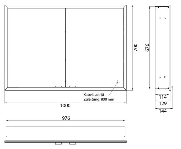 EMCO PRIME SLIM zrkadlová skrinka vstavaná 100x70x14, 4 cm, osvetlenie s reguláciou stmievania a teploty svetla, s vypínačom a el. zásuvkou, čierna, zadná stena biele sklo  949713605 Technický nákres