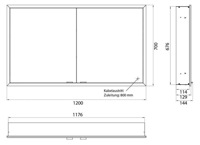 EMCO PRIME SLIM zrkadlová skrinka vstavaná 120x70x14, 4 cm, osvetlenie s reguláciou stmievania a teploty svetla, s vypínačom a el. zásuvkou, hliník, zadná stena zrkadlo 949708206 Technický nákres