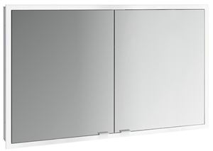 EMCO PRIME SLIM zrkadlová skrinka vstavaná 120x70x14, 4 cm, osvetlenie s reguláciou stmievania a teploty svetla, s vypínačom a el. zásuvkou, hliník, zadná stena biele sklo 