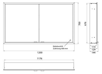 EMCO PRIME SLIM zrkadlová skrinka vstavaná 120x70x14, 4 cm, osvetlenie s reguláciou stmievania a teploty svetla, s vypínačom a el. zásuvkou, čierna, zadná stena biele sklo  949713606 Technický nákres