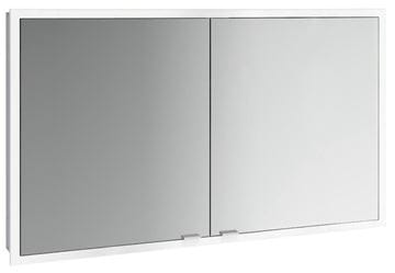 EMCO PRIME SLIM zrkadlová skrinka vstavaná 130x70x14, 4 cm, osvetlenie s reguláciou stmievania a teploty svetla, s vypínačom a el. zásuvkou, hliník, zadná stena biele sklo 