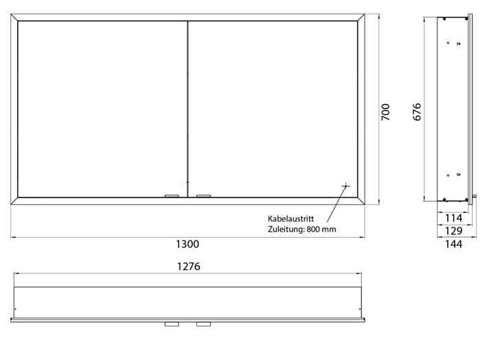 EMCO PRIME SLIM zrkadlová skrinka vstavaná 130x70x14, 4 cm, osvetlenie s reguláciou stmievania a teploty svetla, s vypínačom a el. zásuvkou, čierna, zadná stena zrkadlo 949713507 Technický nákres
