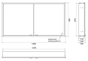 EMCO PRIME SLIM zrkadlová skrinka vstavaná 130x70x14, 4 cm, osvetlenie s reguláciou stmievania a teploty svetla, s vypínačom a el. zásuvkou, čierna, zadná stena zrkadlo 949713507 Technický nákres