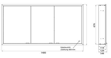 EMCO PRIME SLIM zrkadlová skrinka vstavaná 140x70x14, 4 cm, osvetlenie s reguláciou stmievania a teploty svetla, s vypínačom a el. zásuvkou, hliník, zadná stena biele sklo  949708308 Technický nákres