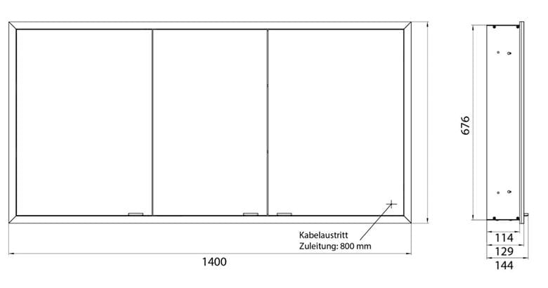 EMCO PRIME SLIM zrkadlová skrinka vstavaná 140x70x14, 4 cm, osvetlenie s reguláciou stmievania a teploty svetla, s vypínačom a el. zásuvkou, hliník, zadná stena biele sklo  949708308 Technický nákres