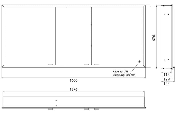 EMCO PRIME SLIM zrkadlová skrinka vstavaná 160x70x14, 4 cm, osvetlenie s reguláciou stmievania a teploty svetla, s vypínačom a el. zásuvkou, čierna, zadná stena zrkadlo 949713509 Technický nákres