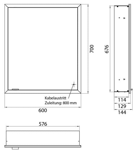 EMCO PRIME SLIM zrkadlová skrinka vstavaná 60x70x14, 4 cm, osvetlenie s reguláciou stmievania a teploty svetla, s vypínačom a el. zásuvkou, pánty vpravo, hliník, zadná stena biele sklo  949708302 Technický nákres