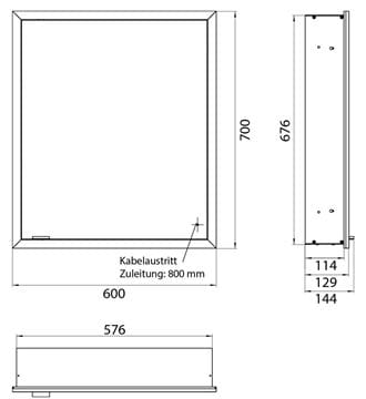 EMCO PRIME SLIM zrkadlová skrinka vstavaná 60x70x14, 4 cm, osvetlenie s reguláciou stmievania a teploty svetla, s vypínačom a el. zásuvkou, pánty vpravo, čierna, zadná stena biele sklo  949713602 Technický nákres