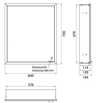 EMCO PRIME SLIM zrkadlová skrinka vstavaná 60x70x14, 4 cm, osvetlenie s reguláciou stmievania a teploty svetla, s vypínačom a el. zásuvkou, pánty vľavo, čierna, zadná stena zrkadlo 949713501 Technický nákres