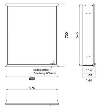 EMCO PRIME SLIM zrkadlová skrinka vstavaná 60x70x14, 4 cm, osvetlenie s reguláciou stmievania a teploty svetla, s vypínačom a el. zásuvkou, pánty vľavo, čierna, zadná stena biele sklo  949713601 Technický nákres