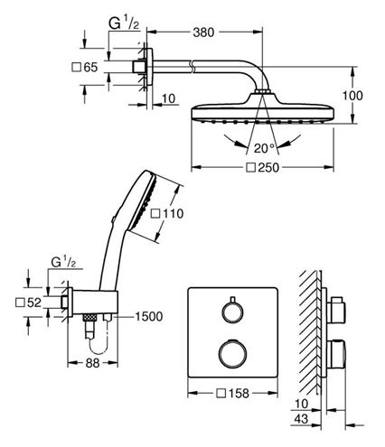 GROHE GROHTHERM sprchový set s podomietkovou termostatickou batériou, horná sprcha, ručná sprcha s 2 prúdmi, hadica, držiak, chróm 1039950000 Technický nákres