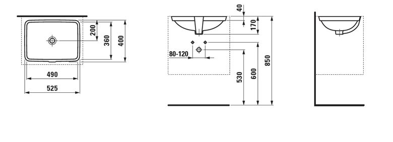 LAUFEN PRO S umývadlo 49 cm, s prepadom H8119610001091 Technický nákres