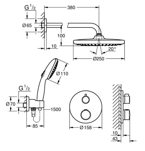 GROHE GROHTHERM sprchový set s podomietkovou termostatickou batériou, horná sprcha, ručná sprcha s 2 prúdmi, hadica, držiak, chróm 1039960000 Technický nákres