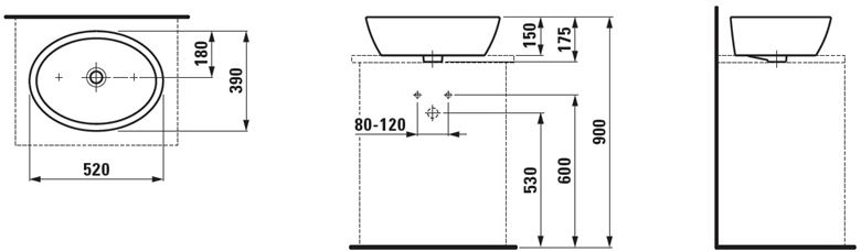 LAUFEN PRO umývadlová misa 52 cm, s prepadom H8129640001091 Technický nákres
