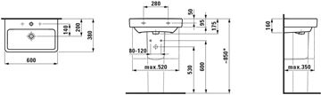 LAUFEN PRO S umývadlo 60 cm, s prepadom H8189590001091 Technický nákres