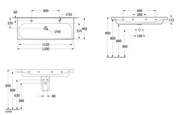VILLEROY & BOCH SKYLA umývadlo 120 cm, s 2 otvormi pre batérie a prepadom, CeramicPlus, alpská biela 5A51C4R1 Technický nákres