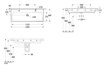 VILLEROY & BOCH SKYLA umývadlo 120 cm, s 2 otvormi pre batérie, bez prepadu, alpská biela 5A51C201 Technický nákres