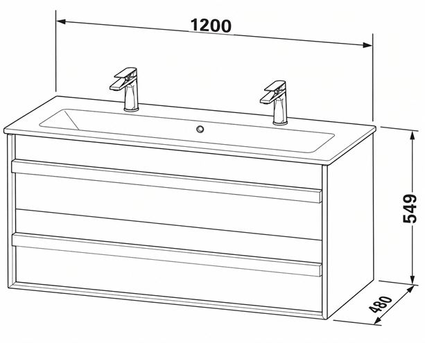 DURAVIT OCAVO skrinka pod umývadlo 120x48x54, 9 cm, 2 zásuvky, čierny dub OC45190H6H60000 Technický nákres