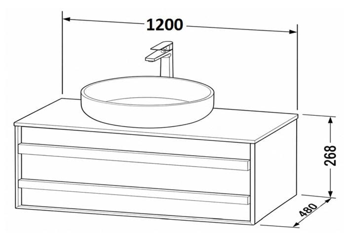 DURAVIT OCAVO skrinka pod umývadlo 120x48x26, 8 cm, 1 zásuvka, čierny dub OC50920H6H60000 Technický nákres