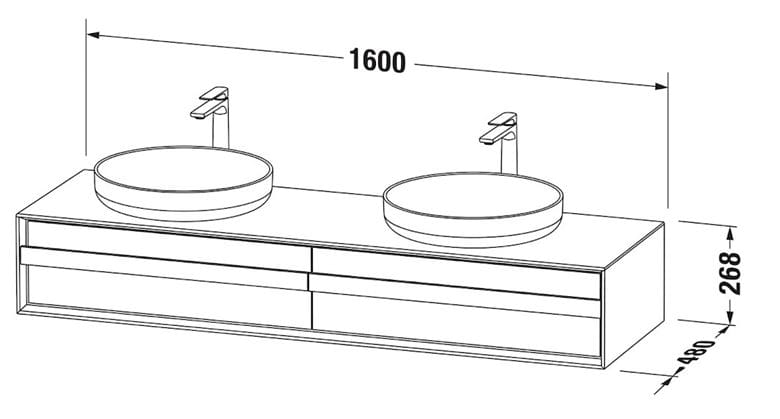 DURAVIT OCAVO skrinka pod 2 umývadlá 160x48x26, 8 cm, 2 zásuvky, svetlý dub OC50930H7H70000 Technický nákres
