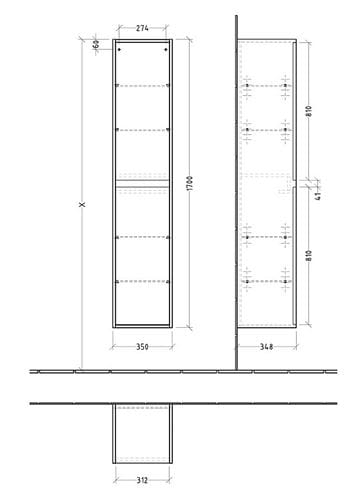 VILLEROY & BOCH SKYLA vysoká skrinka 35x34, 8x170 cm, 2 dvierka, pánty vľavo, brilliant white C80100VE Technický nákres
